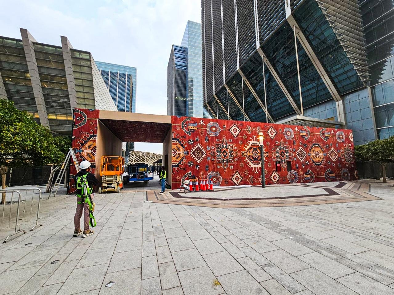 Point Five outdoor installation with a patterned pavilion facade
